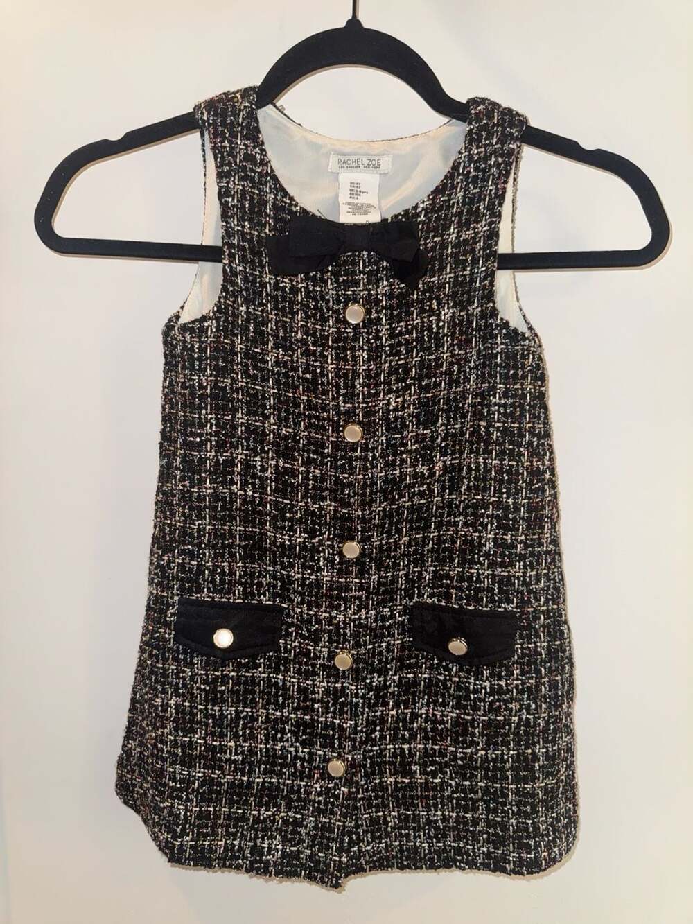 Rachel Zoe Girls Black Tweed Bow Button Front Dress Size 4T